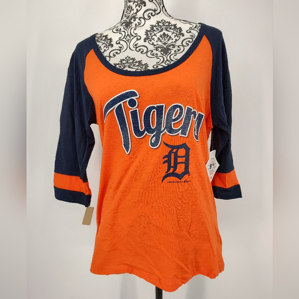 NWT Detroit Tigers Women's Orange and Navy 3/4 Sleeve Jersey Top Size Large